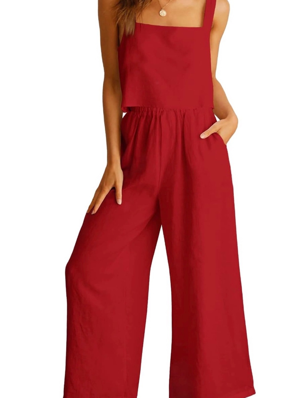 Wide-Leg Red linen set with Square Neck